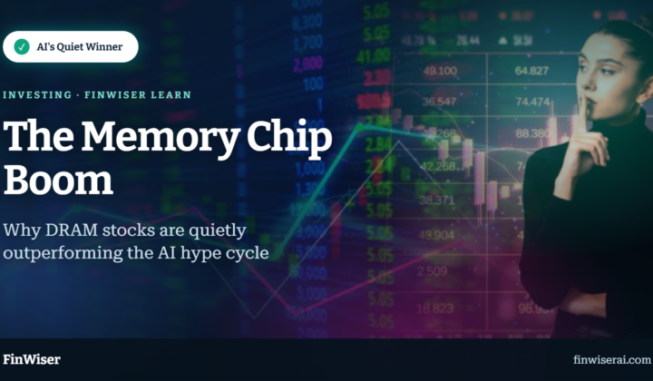 DRAM stocks featured image — a "quiet winner" gesture in front of a live stock ticker and candlestick chart overlay, illustrating the 2026 memory chip rally