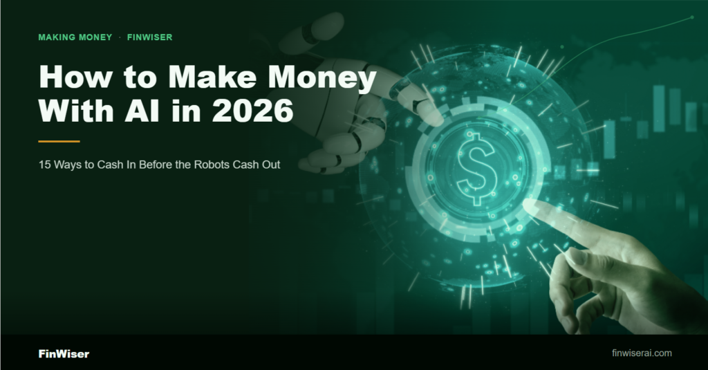 How to make money with AI in 2026 — a human hand and a robot hand both reaching toward a glowing digital dollar sign, illustrating FinWiser's 15 ranked ways to earn from AI