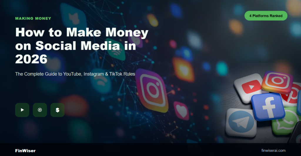 How to make money on social media in 2026 — YouTube, Instagram, TikTok, Facebook, and WhatsApp app icons over a creator using a phone