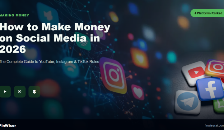 How to make money on social media in 2026 — YouTube, Instagram, TikTok, Facebook, and WhatsApp app icons over a creator using a phone