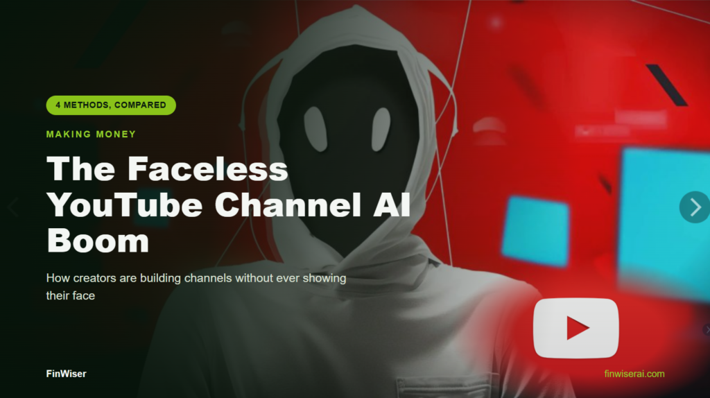 Faceless YouTube channel AI concept — a hooded, faceless creator against a red studio background with floating screens and a YouTube play button, next to the headline "The Faceless YouTube Channel AI Boom"