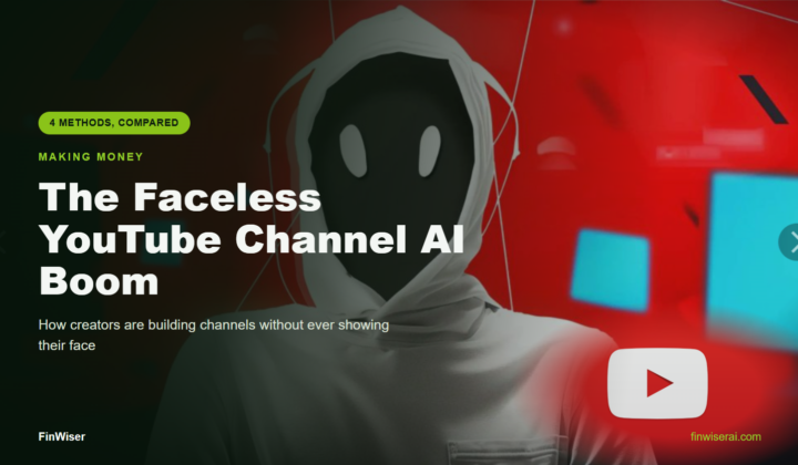 Faceless YouTube channel AI concept — a hooded, faceless creator against a red studio background with floating screens and a YouTube play button, next to the headline "The Faceless YouTube Channel AI Boom"