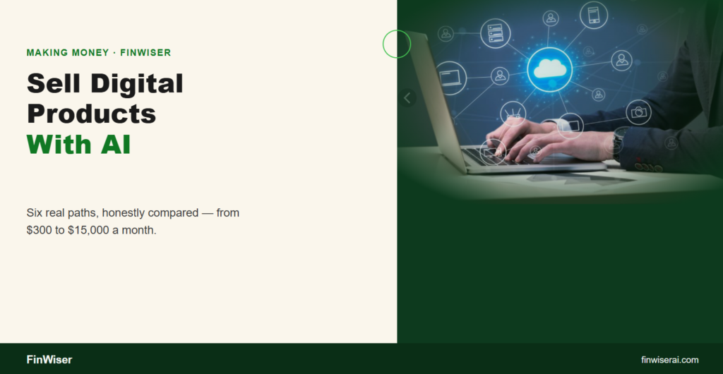 Sell digital products with AI — FinWiser guide comparing six paths from $300 to $15,000 a month
