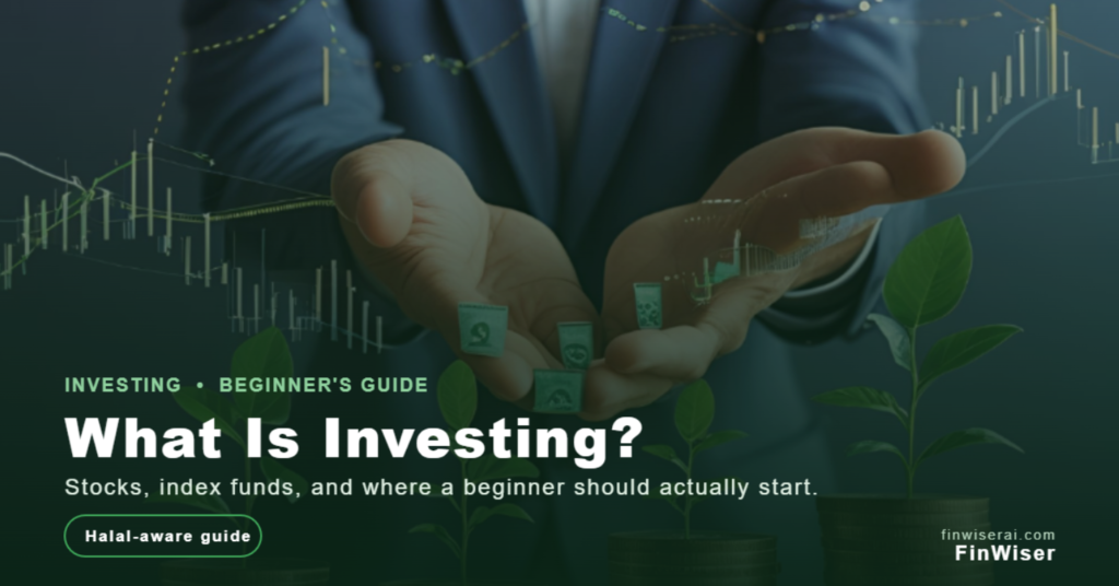 What is investing? Beginner's guide graphic showing a candlestick chart and diversified pie chart, with a halal-aware badge