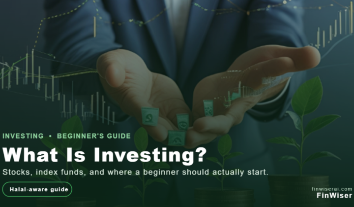 What is investing? Beginner's guide graphic showing a candlestick chart and diversified pie chart, with a halal-aware badge