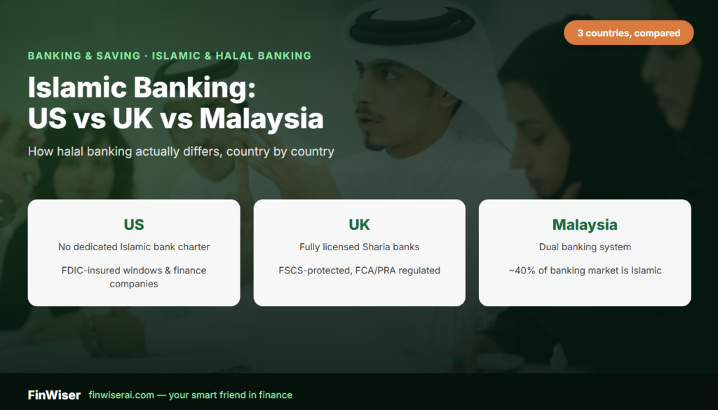 Islamic banking compared across the US, UK, and Malaysia — FinWiser banking and saving guide graphic
