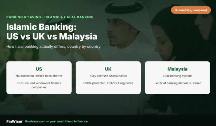 Islamic banking compared across the US, UK, and Malaysia — FinWiser banking and saving guide graphic