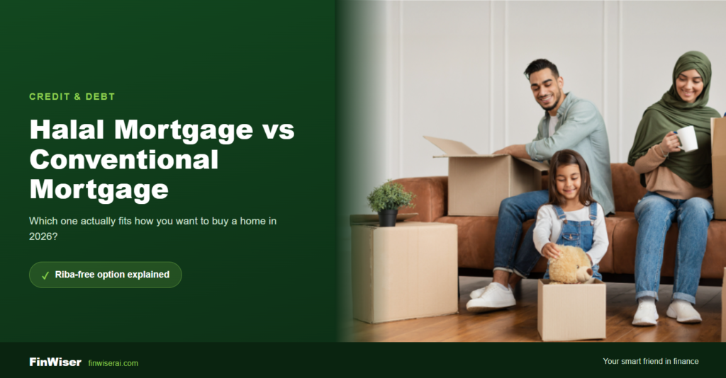 Halal mortgage vs conventional mortgage featured graphic — a house split between a percentage-sign side and a handshake co-ownership side, on a dark green FinWiser background