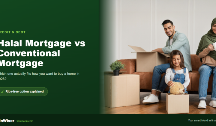 Halal mortgage vs conventional mortgage featured graphic — a house split between a percentage-sign side and a handshake co-ownership side, on a dark green FinWiser background
