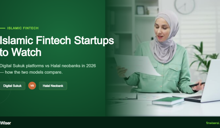 Islamic fintech comparison graphic showing digital sukuk platforms versus halal neobanks on a dark green FinWiser background