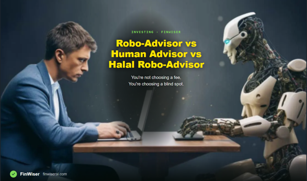Robo-advisor, human advisor, and halal robo-advisor compared — three icons on a dark green FinWiser background