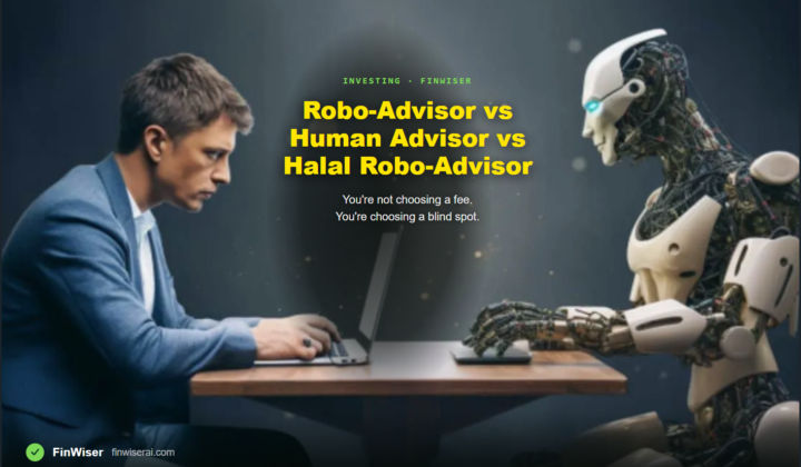 Robo-advisor, human advisor, and halal robo-advisor compared — three icons on a dark green FinWiser background