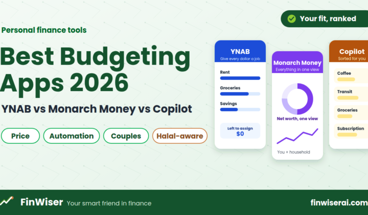 Best budgeting apps 2026 comparison graphic showing YNAB, Monarch Money and Copilot app cards