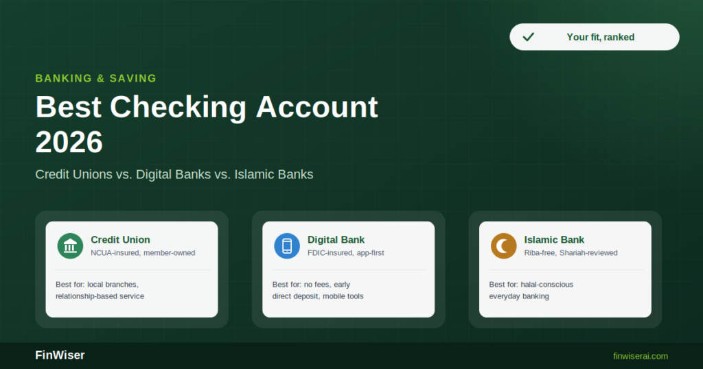 Best checking account 2026 comparison: credit unions, digital banks, and Islamic banks side by side on a dark green FinWiser background