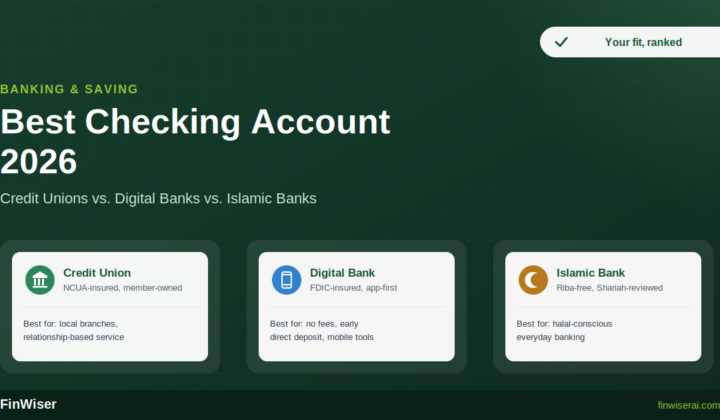 Best checking account 2026 comparison: credit unions, digital banks, and Islamic banks side by side on a dark green FinWiser background