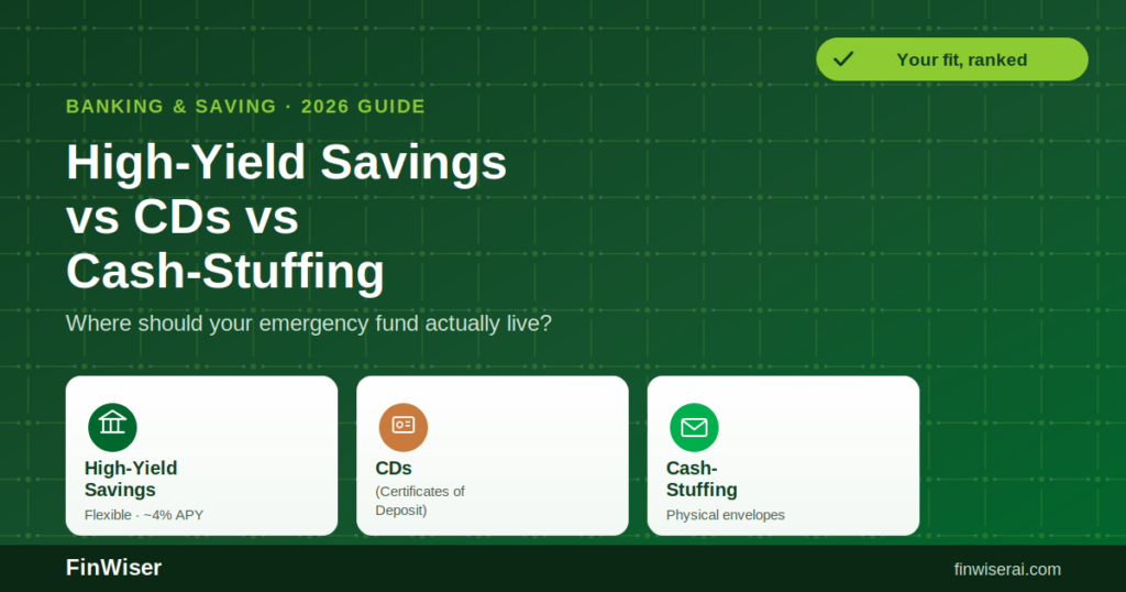 High-yield savings account vs CD vs cash-stuffing envelopes compared for choosing where to keep an emergency fund in 2026