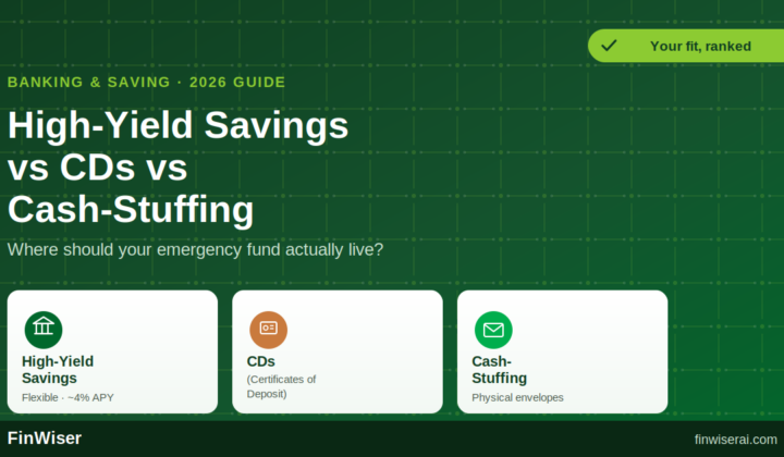 High-yield savings account vs CD vs cash-stuffing envelopes compared for choosing where to keep an emergency fund in 2026