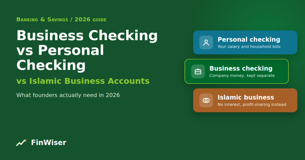 Business checking vs personal checking vs Islamic business accounts comparison graphic for founders, FinWiser 2026 guide