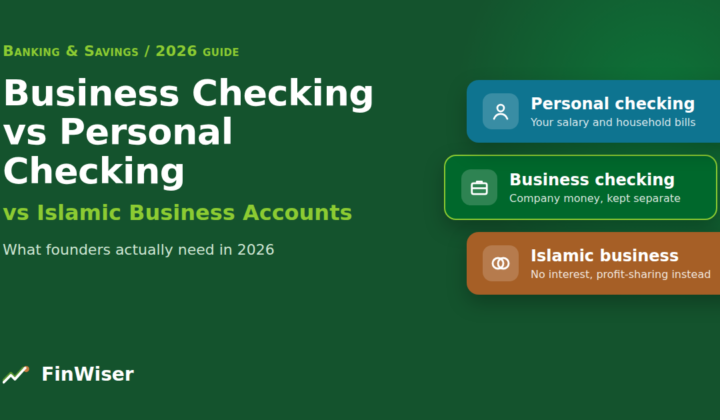 Business checking vs personal checking vs Islamic business accounts comparison graphic for founders, FinWiser 2026 guide
