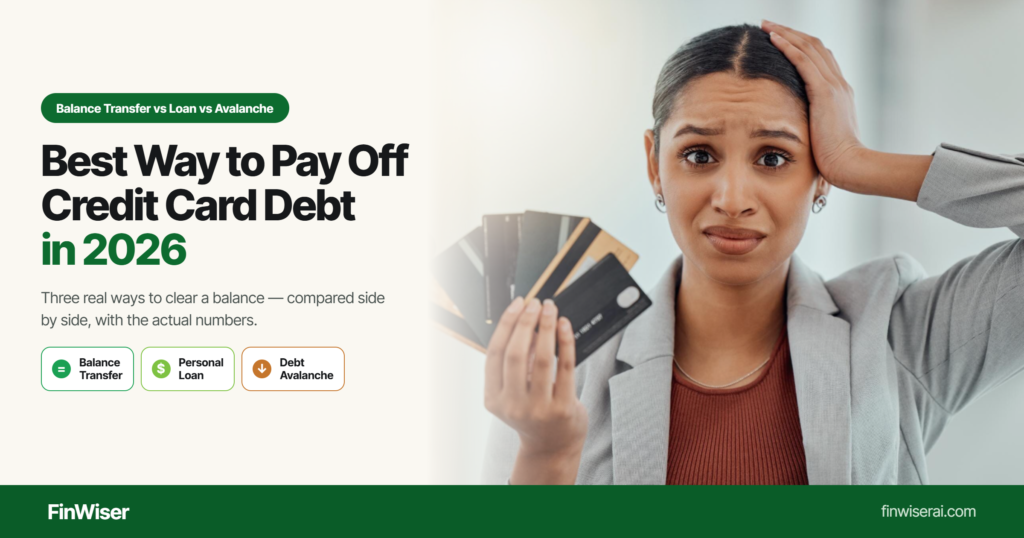 Stressed woman holding a fan of credit cards beside icons for balance transfer, personal loan, and debt avalanche — the best way to pay off credit card debt in 2026