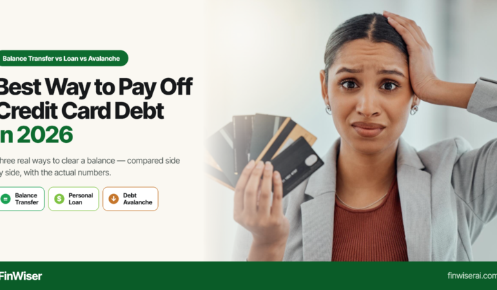 Stressed woman holding a fan of credit cards beside icons for balance transfer, personal loan, and debt avalanche — the best way to pay off credit card debt in 2026