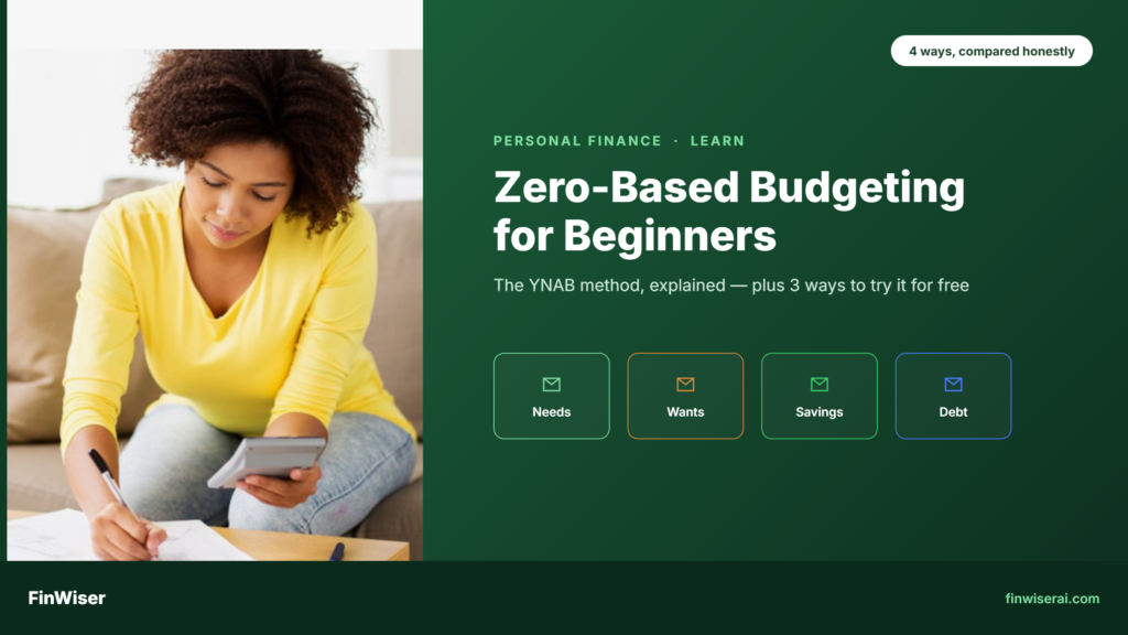 : YNAB method zero-based budgeting comparison featured graphic showing four envelope icons labeled Needs, Wants, Savings and Debt on a dark green FinWiser background