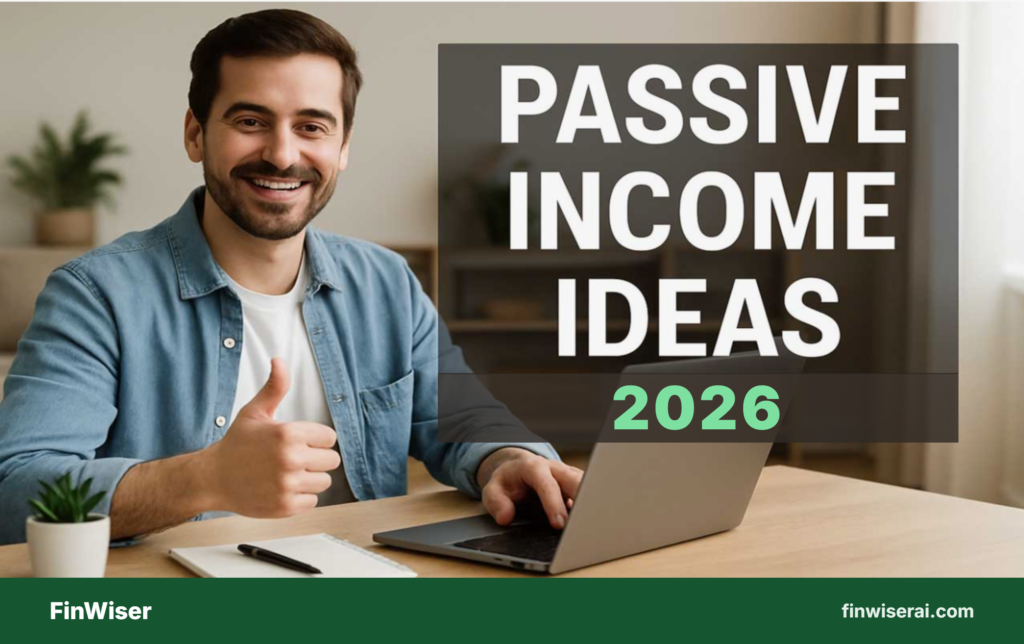 Passive income ideas 2026: smiling man giving a thumbs up while working on a laptop at a home desk