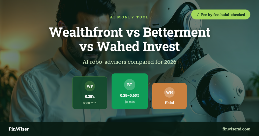 Man reviewing an AI robo-advisor next to a robot — Wealthfront vs Betterment vs Wahed Invest, AI robo-advisors compared for 2026, fee-by-fee and halal-checked