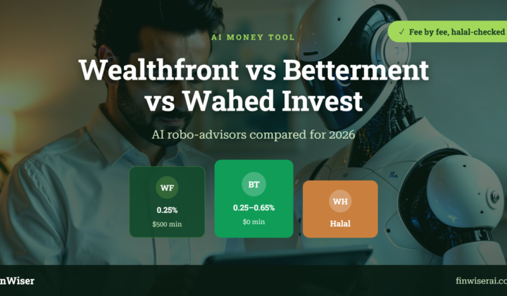 Man reviewing an AI robo-advisor next to a robot — Wealthfront vs Betterment vs Wahed Invest, AI robo-advisors compared for 2026, fee-by-fee and halal-checked