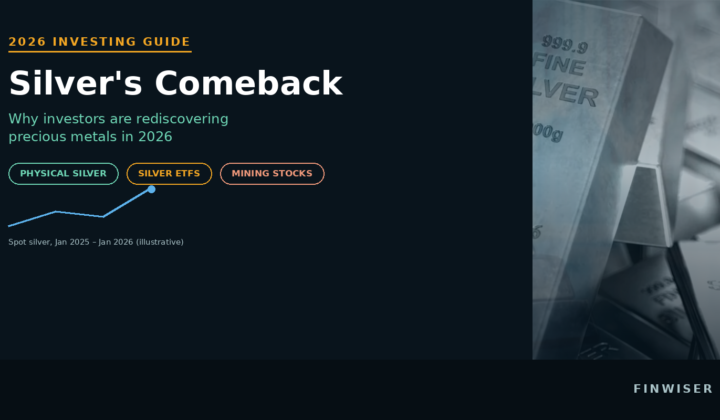 Silver investing in 2026 guide — silver bars background with headline "Silver's Comeback," category pills for physical silver, silver ETFs, and mining stocks