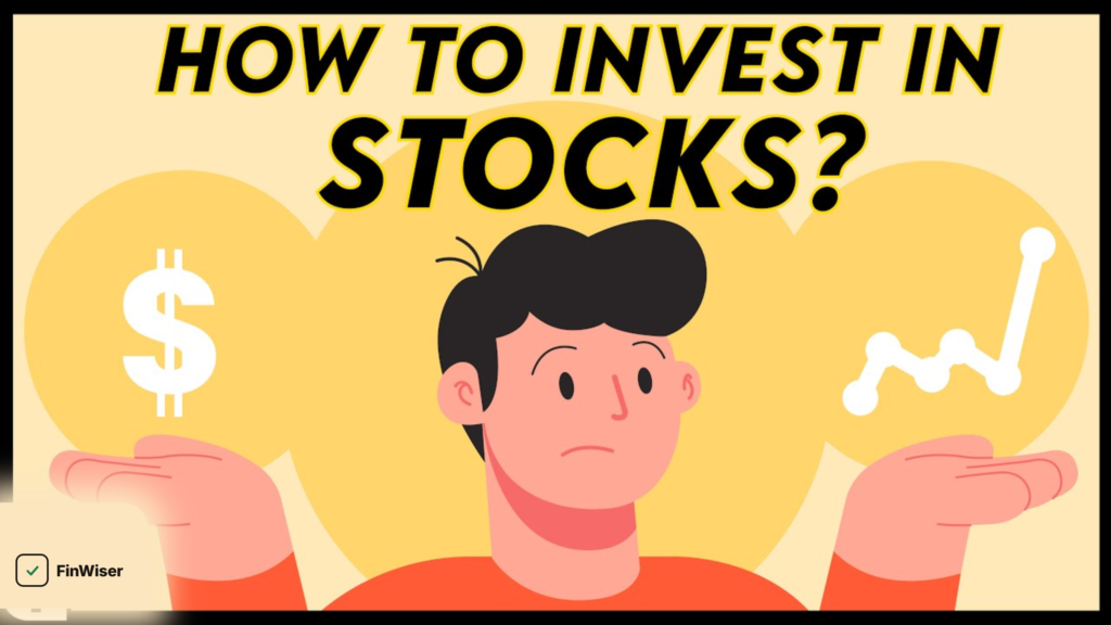 Illustration showing how to invest in stocks step by step, with a growth chart and brand badge on a dark green FinWiser background