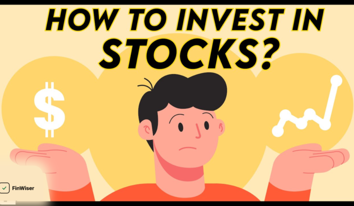 Illustration showing how to invest in stocks step by step, with a growth chart and brand badge on a dark green FinWiser background