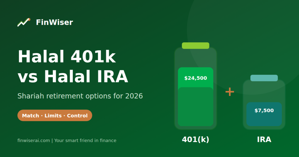 Halal 401k vs halal IRA 2026 graphic showing a larger 401(k) jar at $24,500 beside an IRA jar at $7,500 on a dark green FinWiser background