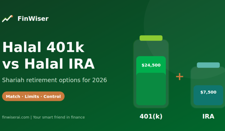 Halal 401k vs halal IRA 2026 graphic showing a larger 401(k) jar at $24,500 beside an IRA jar at $7,500 on a dark green FinWiser background