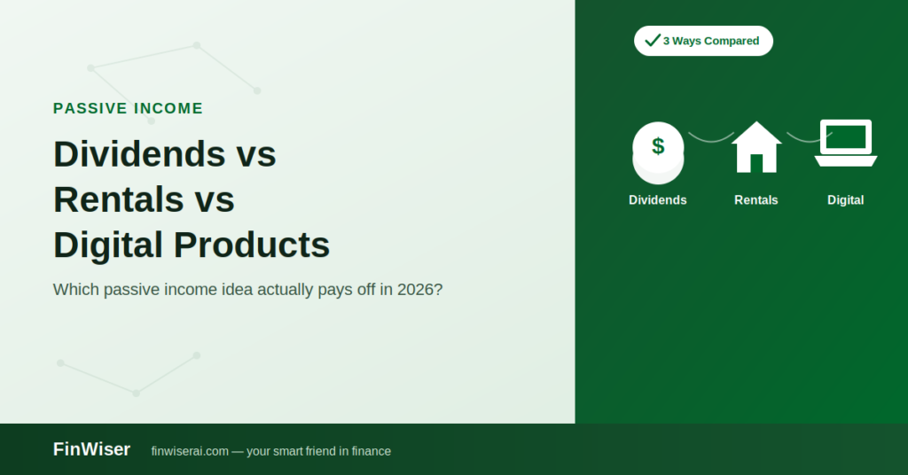Comparison graphic for passive income ideas 2026 — dividend stocks, rental property, and digital products