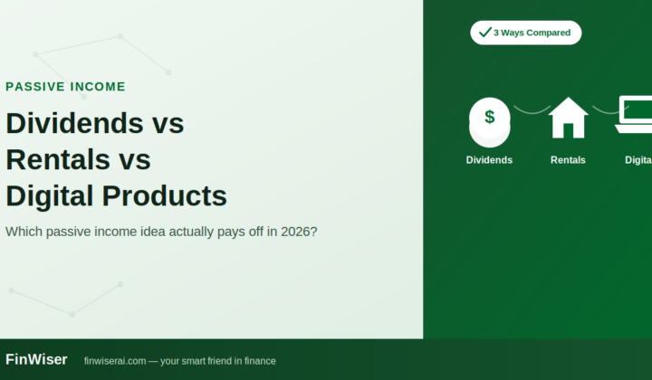 Comparison graphic for passive income ideas 2026 — dividend stocks, rental property, and digital products