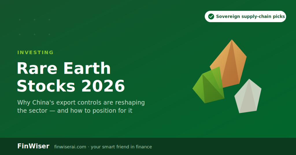 Rare earth stocks 2026 featured graphic — mineral crystal illustration with FinWiser branding on a dark green background