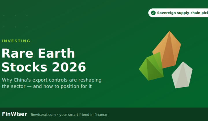 Rare earth stocks 2026 featured graphic — mineral crystal illustration with FinWiser branding on a dark green background
