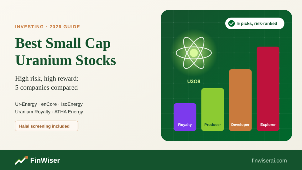 Best small cap uranium stocks 2026 graphic showing a risk ladder from royalty to producer, developer and explorer, with a uranium atom icon