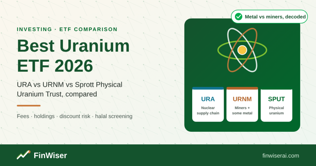 Best uranium ETF 2026 graphic comparing URA, URNM and the Sprott Physical Uranium Trust with an atom illustration and FinWiser branding