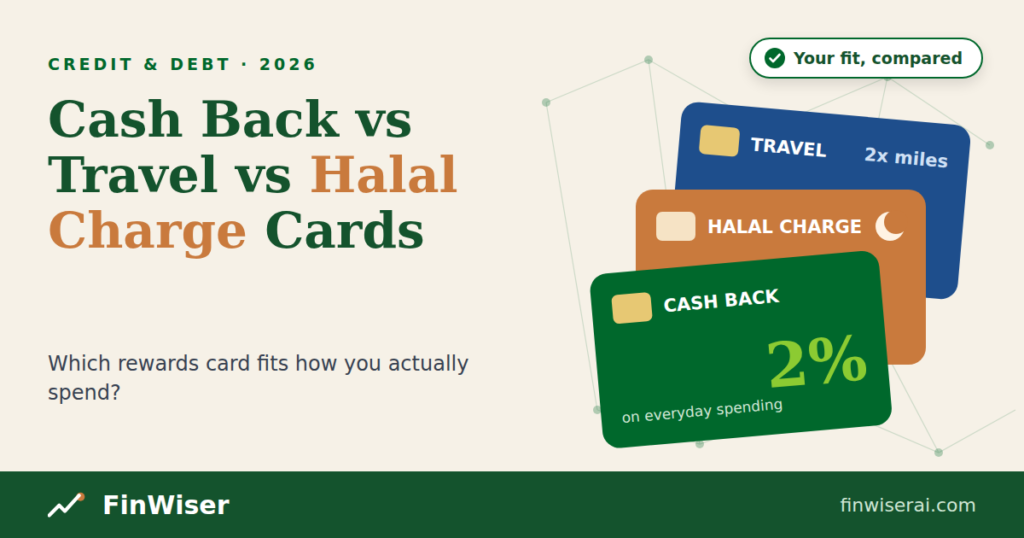 Cash back vs travel credit card comparison with a halal charge card, shown as three stacked cards