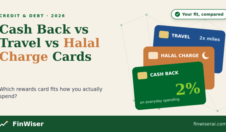 Cash back vs travel credit card comparison with a halal charge card, shown as three stacked cards