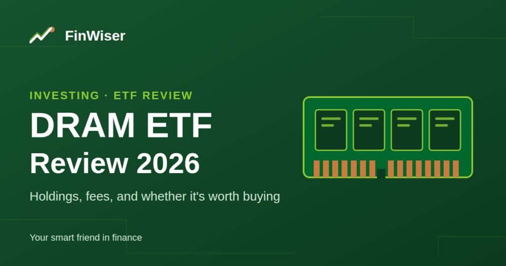 DRAM ETF review 2026 featured graphic — memory module illustration with FinWiser branding on a dark green background