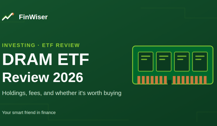 DRAM ETF review 2026 featured graphic — memory module illustration with FinWiser branding on a dark green background