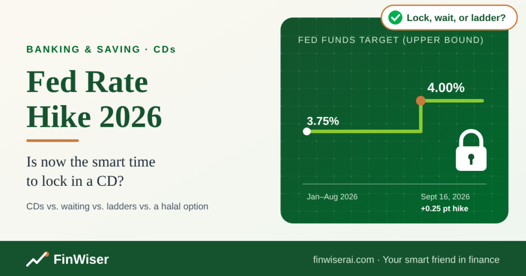 Fed rate hike 2026 chart showing the fed funds target rising from 3.75% to 4.00% next to the question of locking in a CD