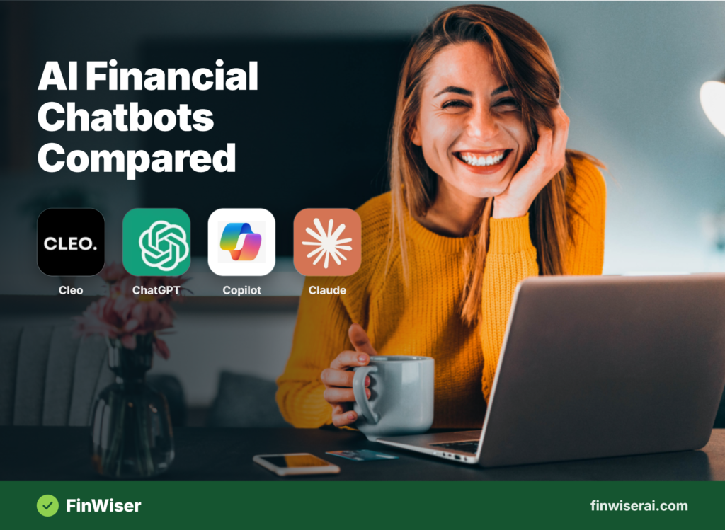 AI financial chatbots compared: Cleo, ChatGPT, Copilot and Claude app icons beside a smiling woman at a laptop