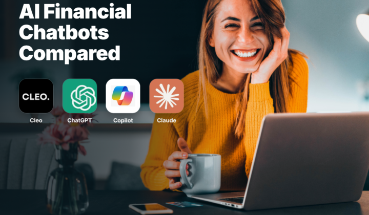AI financial chatbots compared: Cleo, ChatGPT, Copilot and Claude app icons beside a smiling woman at a laptop
