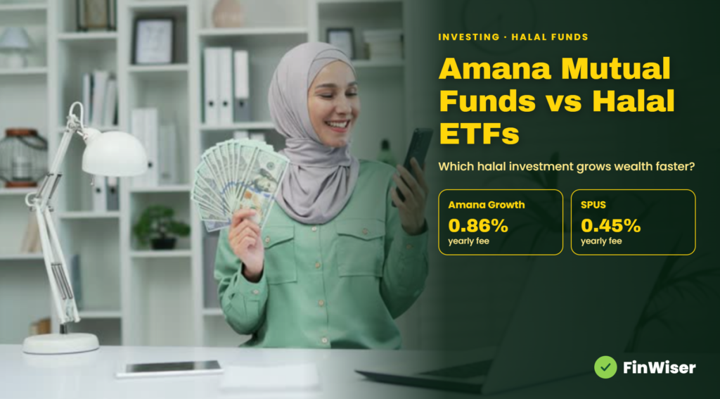 Amana mutual funds vs halal ETFs comparison showing Amana Growth at a 0.86% fee and SPUS at a 0.45% fee with their average annual returns