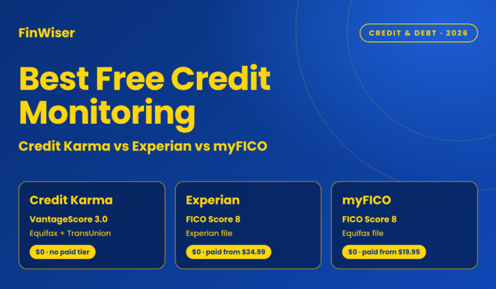 Best free credit monitoring comparison of Credit Karma, Experian and myFICO showing each app’s score model, credit bureau and paid upgrade price in 2026