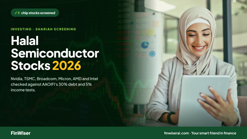 Halal semiconductor stocks 2026: a green microchip with a checkmark, showing six chip stocks screened against Shariah rules